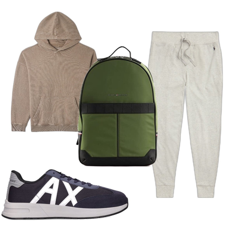 Outfit uomo - Total look #1721790. Stile Trendy per Sport. Abbinamento con felpe con cappuccio, pantaloni, sneakers, borse sportive.