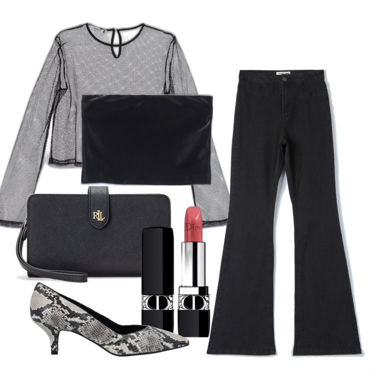 Outfit donna - Ghost outfitter - settembre. Stile Trendy per Serata fuori. Abbinamento con décolleté, rossetti, top, jeggings, maglieria, pochette.