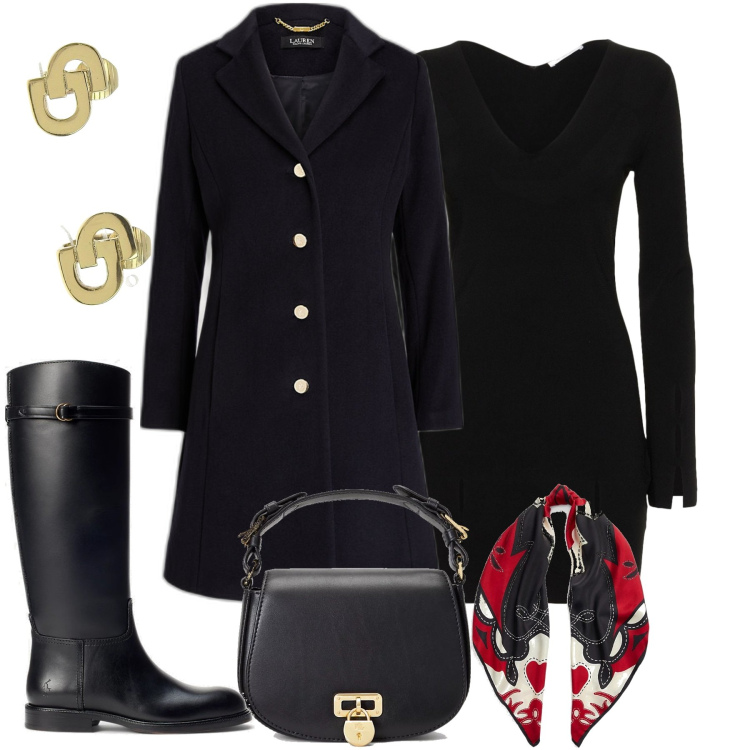 Outfit donna - Elegante giorno. Stile Chic per Tutti i giorni. Abbinamento con orecchini, borse a tracolla, sciarpe, cappotti, stivali, vestiti.