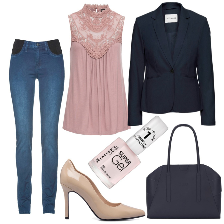 Outfit donna - Il top con il pizzo. Stile Casual chic per Tutti i giorni. Abbinamento con jeans skinny, top, blazer, smalti, décolleté, borse a spalla.