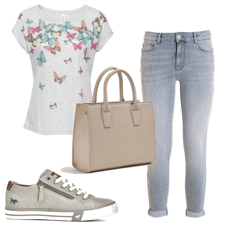 Outfit donna - Total look #1721844. Stile Basic per Tutti i giorni. Abbinamento con maglieria, sneakers, shopping bag, jeans.