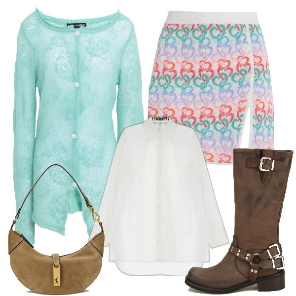 Outfit donna - Biker boots con mini e maxi cardigam. Stile Trendy per Tutti i giorni. Abbinamento con minigonne, cardigans, camicie, borse a spalla, stivali.