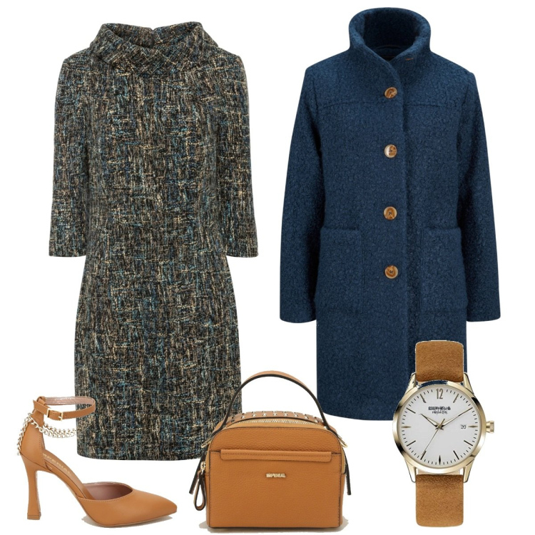 Outfit donna - Tubino in tweed. Stile Vintage retrò per Ufficio. Abbinamento con cappotti, vestiti a tubino, décolleté, pochette, orologi.