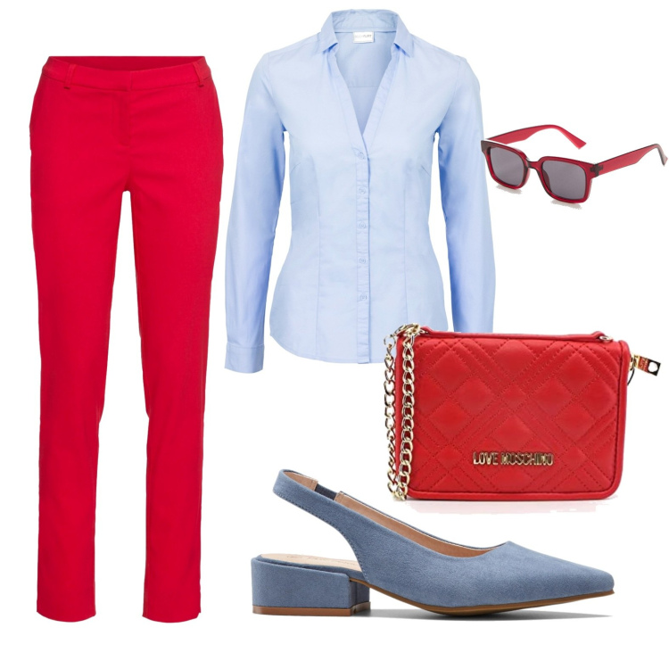 Outfit femme - Jolie pour la rentrée. Style Minimal pour Tous les jours. Assortir avec pantalon , chemisiers, chaussures à talon, sacs à main, lunettes de soleil.