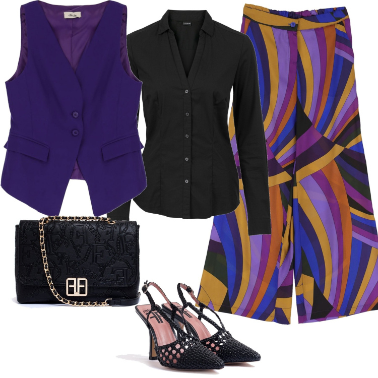 Outfit donna - Pantaloni palazzo. Stile Chic per Serata fuori. Abbinamento con camicie, clutch, décolleté, gilet, pantaloni a palazzo.