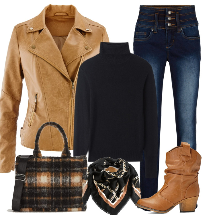 Outfit donna - Total look #1721940. Stile Casual chic per Tutti i giorni. Abbinamento con jeans, blazer, stivaletti texani, foulard, maglieria, shopping bag.