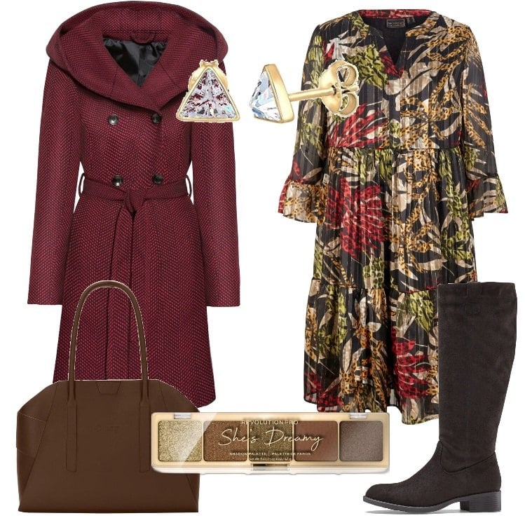 Outfit donna - Primi freddi. Stile Romantica per Ufficio. Abbinamento con cappotti, stivali, vestiti, ombretti, borse a spalla, orecchini.