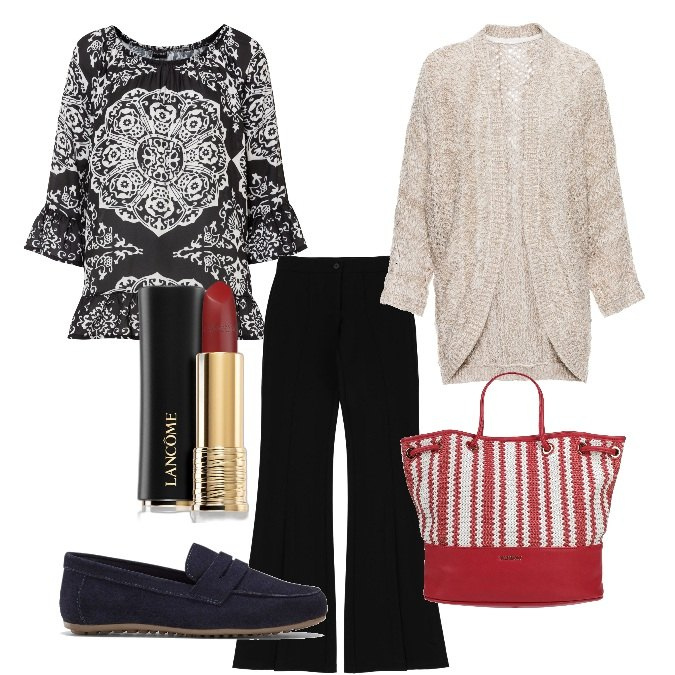 Outfit donna - Boho e rosso. Stile Boho per Tutti i giorni. Abbinamento con mocassini, tuniche, cardigans, borse a mano, rossetti, pantaloni.