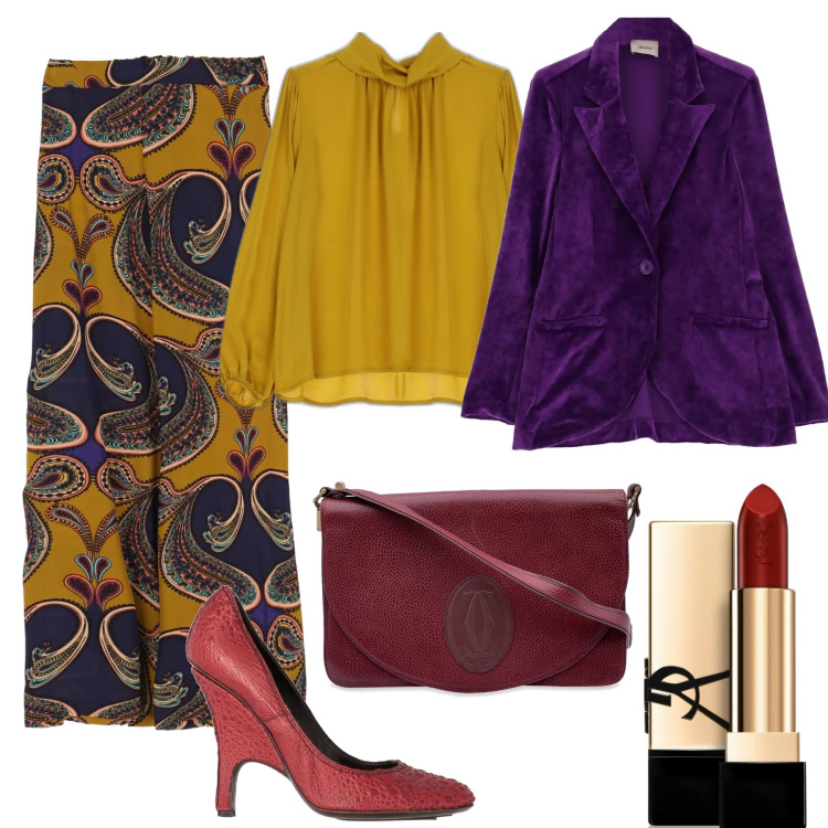 Outfit donna - Autunno Boho. Stile Boho per Tutti i giorni. Abbinamento con rossetti, décolleté, borse a spalla, pantaloni a palazzo, giacche, camicie.