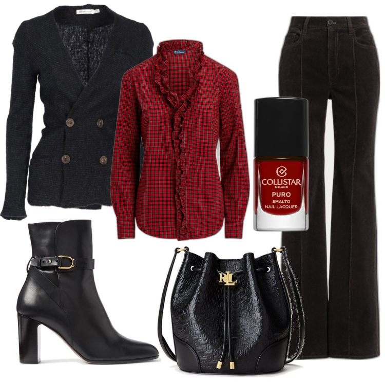 Outfit donna - Rosso e nero per autunno. Stile Boho per Tutti i giorni. Abbinamento con cardigans, smalti, stivaletti, borse a secchiello, camicie, pantaloni.