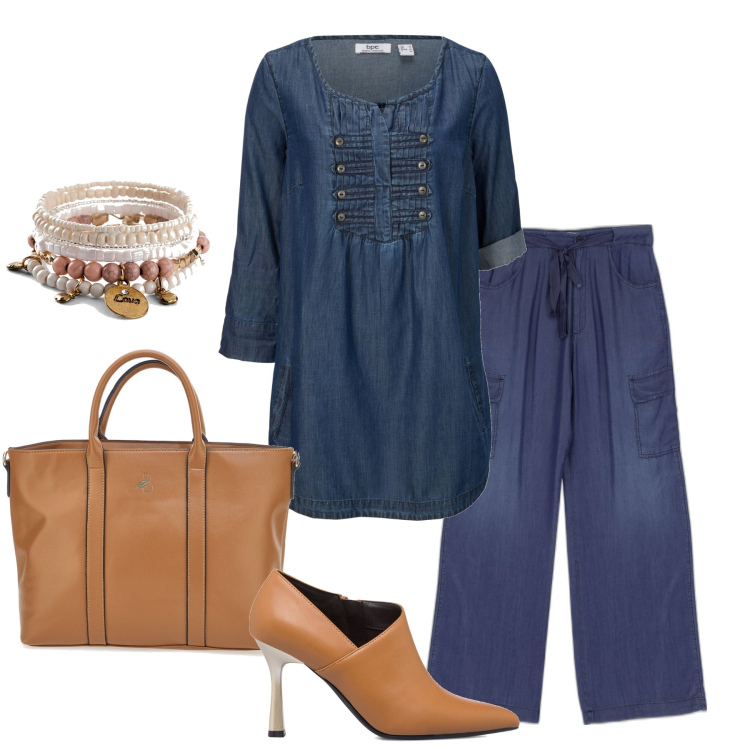 Outfit donna - Blue and Brown at job. Stile Casual chic per Ufficio. Abbinamento con bluse, braccialetti, pantaloni a palazzo, décolleté, borse a mano.