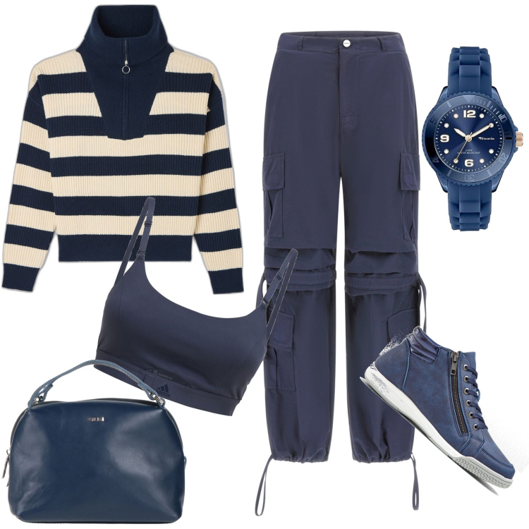 Outfit donna - Amo il blu. Stile Casual per Tutti i giorni. Abbinamento con sneakers alte, borse a mano, maglieria, pantaloni cargo, orologi analogici, top.