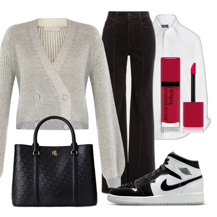 Outfit donna - Rossetto obbligatorio. Stile Bon Ton per Ufficio. Abbinamento con sneakers, rossetti, cardigans, camicie, borse a mano, pantaloni.
