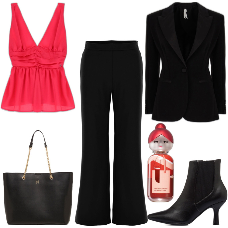 Outfit donna - Rouge et noir. Stile Chic per Ufficio. Abbinamento con profumi, canottiere, pantaloni, giacche, stivaletti, borse a spalla.