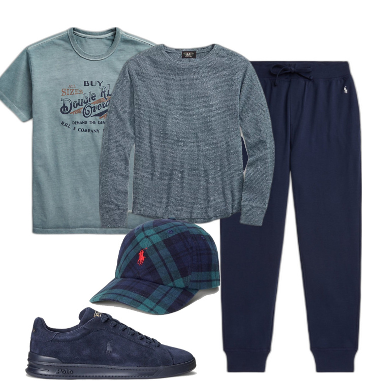 Outfit uomo - Weekend. Stile Casual per Tutti i giorni. Abbinamento con sneakers, maglieria, t-shirt, pantaloni, cappelli con visiera.