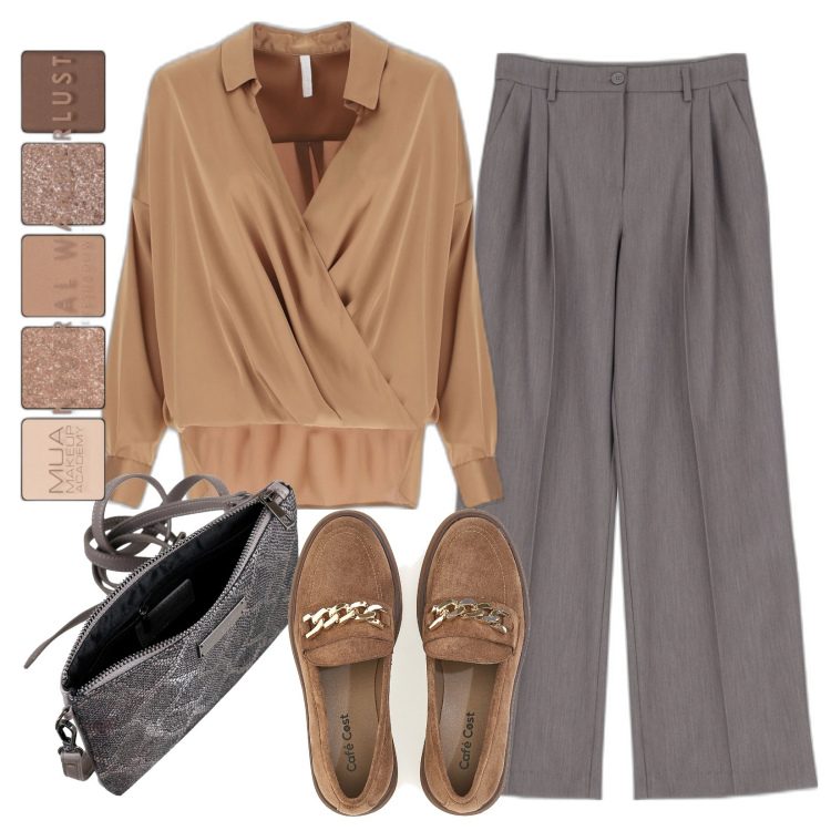 Outfit donna - Perfetta in ufficio a Settembre. Stile Casual chic per Ufficio. Abbinamento con ombretti, camicie, pantaloni a palazzo, mocassini, borse a mano.