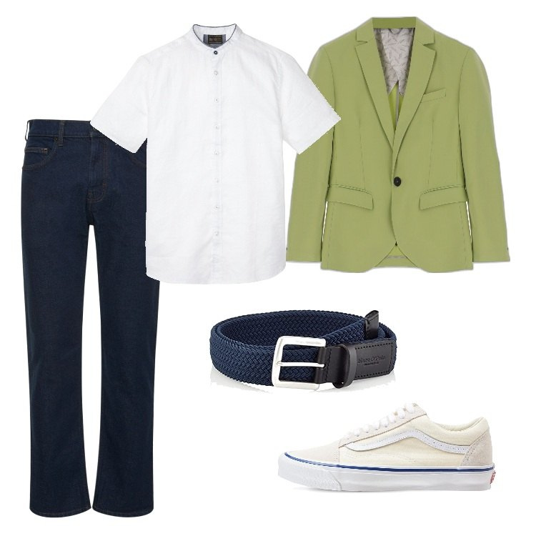Outfit uomo - Un\'ottima cintura. Stile Trendy per Ufficio. Abbinamento con camicie a manica corta, giacche, jeans dritti, sneakers, cinture.