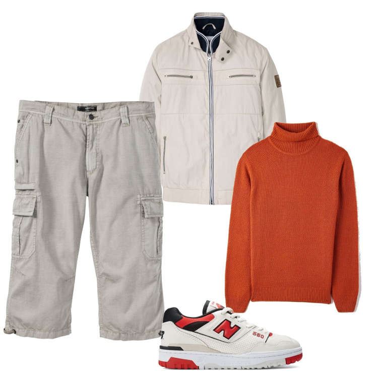 Outfit uomo - Casual autunnale. Stile Casual per Tutti i giorni. Abbinamento con bermuda, giacche, maglieria, sneakers.