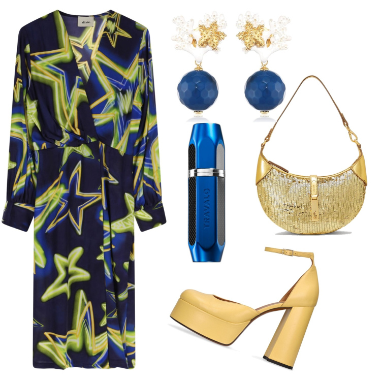 Outfit donna - Stellata. Stile Glamour per Cerimonia. Abbinamento con profumi, borse a spalla, vestiti midi/longuette, orecchini, décolleté.