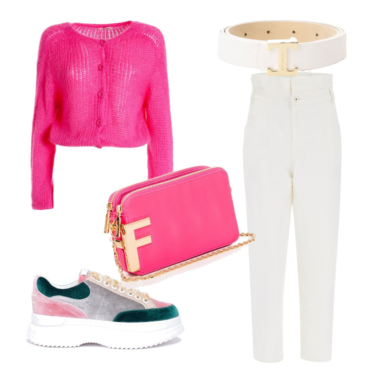 Outfit donna - Total look #1722098. Stile Casual chic per Tutti i giorni. Abbinamento con jeans, cinture, cardigans, sneakers, pochette.