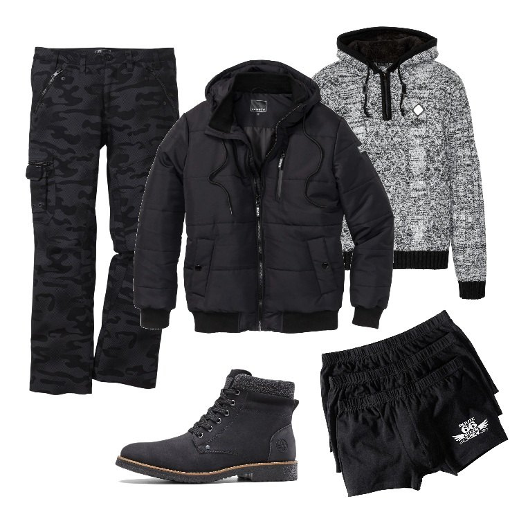 Outfit uomo - Total look #1722106 - Black. Stile Trendy per Ufficio. Abbinamento con boxer, pantaloni cargo, maglieria, stivali e stivaletti, giacche.