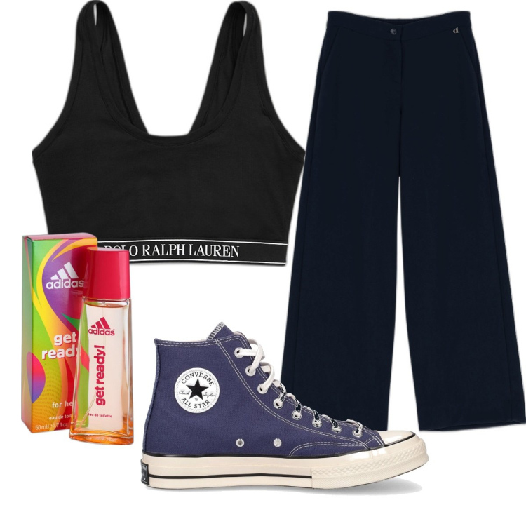 Outfit donna - Total look #1722116. Stile Basic per Sport. Abbinamento con profumi, canottiere, pantaloni a palazzo, sneakers.