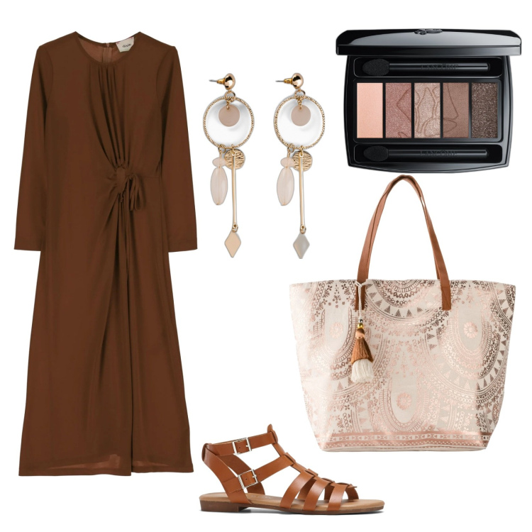 Outfit donna - Toni caldi. Stile Boho per Tutti i giorni. Abbinamento con orecchini, shopping bag, sandali, ombretti, vestiti lunghi.