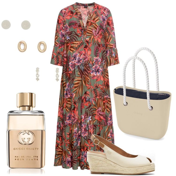Outfit donna - Ultimi scorci d’estate. Stile Boho per Tutti i giorni. Abbinamento con vestiti lunghi, sandali, profumi, orecchini, borse a spalla.