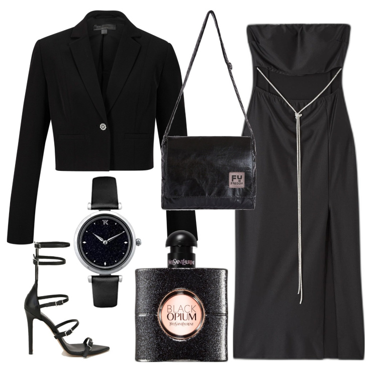 Outfit donna - Total black. Stile Chic per Serata fuori. Abbinamento con blazer, profumi, vestiti lunghi, sandali in pelle, borse a tracolla, orologi.