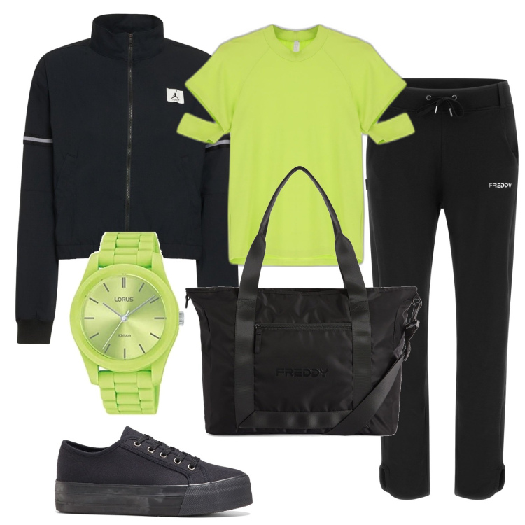 Outfit donna - Dettagli verde acido. Stile Sporty chic per Sport. Abbinamento con sneakers, t-shirt, pantaloni, borse tote, orologi, giacche.