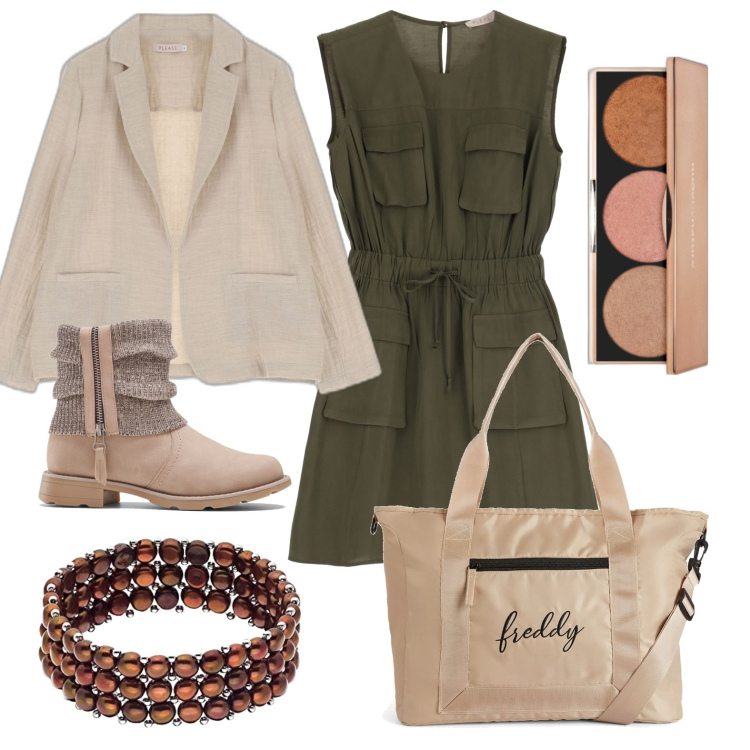 Outfit donna - Total look #1722208. Stile Casual chic per Tutti i giorni. Abbinamento con stivaletti, blush, giacche, vestiti corti, borse tote, braccialetti.