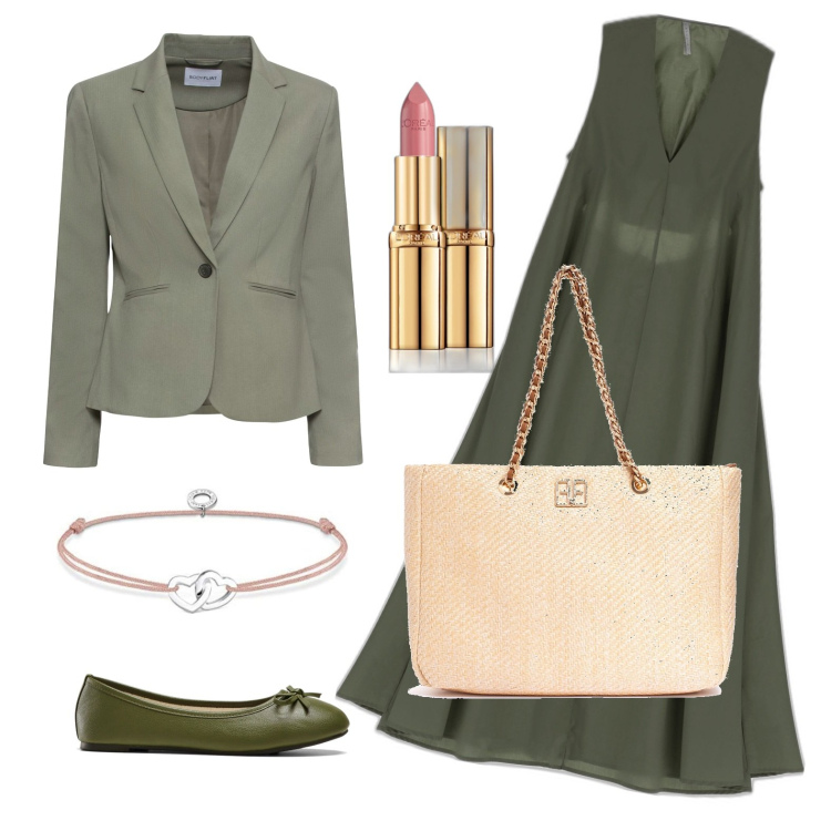 Outfit donna - Verde kaki. Stile Casual chic per Serata fuori. Abbinamento con blazer, ballerine, rossetti, borse a spalla, vestiti lunghi, braccialetti.