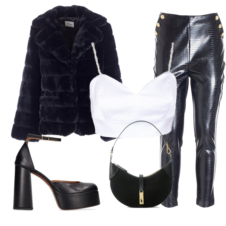 Outfit donna - Serata disco. Stile Glamour per Serata fuori. Abbinamento con leggings, top, giacche, borse a spalla, décolleté.