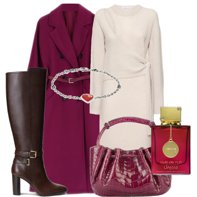 Outfit donna - Cappotto lungo oversize. Stile Bon Ton per Serata fuori. Abbinamento con borse a mano, profumi, cappotti, stivali, vestiti midi/longuette, braccialetti.