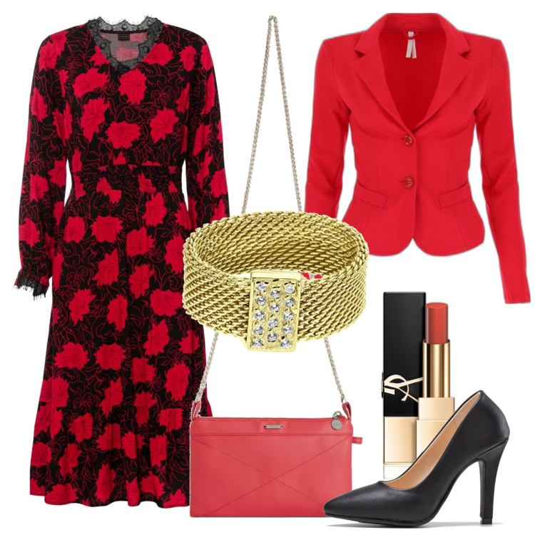 Outfit donna - Rosso e nero, serata fuori. Stile Chic per Serata fuori. Abbinamento con vestiti, décolleté, rossetti, giacche, clutch, anelli.