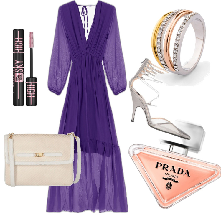 Outfit donna - Leggerezza. Stile Boho per Serata fuori. Abbinamento con anelli, décolleté, borse a tracolla, profumi, mascara, vestiti lunghi.