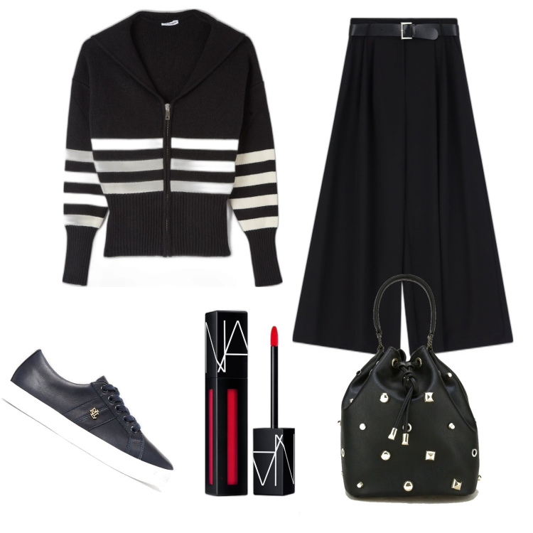 Outfit donna - Total look #1722274. Stile Casual per Tutti i giorni. Abbinamento con rossetti, maglieria, pantaloni a palazzo, borse a secchiello, scarpe sportive.