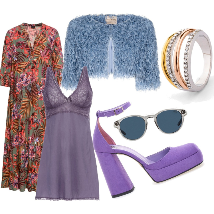 Outfit donna - Elegante anche di giorno. Stile Glamour per Ufficio. Abbinamento con vestiti lunghi, sottovesti, anelli, bolero, occhiali da sole, décolleté.