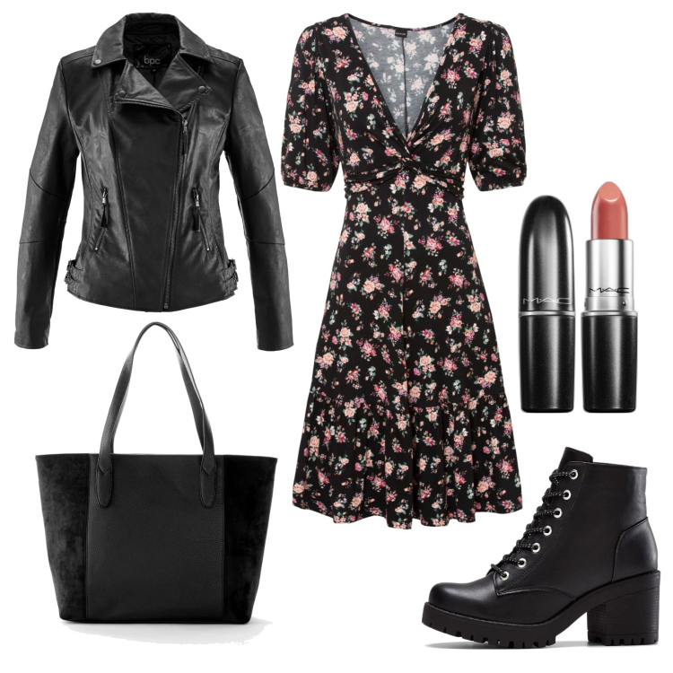 Outfit donna - Boho Rock. Stile Boho per Serata fuori. Abbinamento con stivaletti, blazer, shopping bag, vestiti, rossetti.