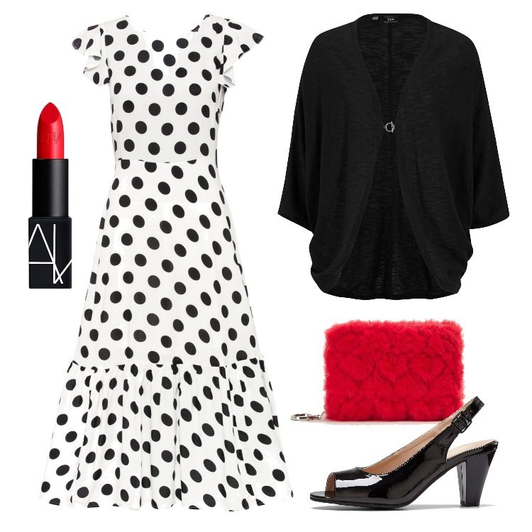 Outfit donna - Total look #1722308 - Serata a Pois. Stile Trendy per Serata fuori. Abbinamento con cardigans, vestiti midi/longuette, décolleté, rossetti, portafogli.