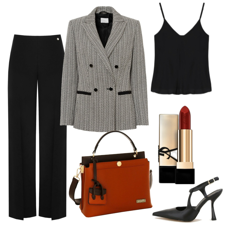 Outfit donna - Formale. Stile Bon Ton per Ufficio. Abbinamento con blazer, rossetti, pantaloni a palazzo, décolleté, canottiere, borse a mano.
