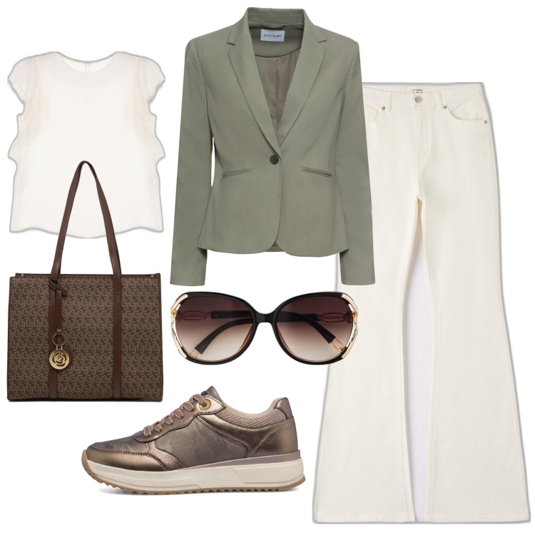 Outfit donna - In ufficio. Stile Casual chic per Ufficio. Abbinamento con blazer, occhiali da sole, pantaloni, canottiere, sneakers, borse a spalla.