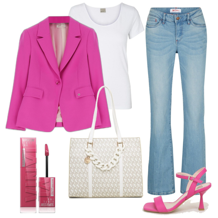 Outfit donna - Barbie style. Stile Casual chic per Ufficio. Abbinamento con jeans bootcut, rossetti, giacche, sandali col tacco, borse a spalla, t-shirt.