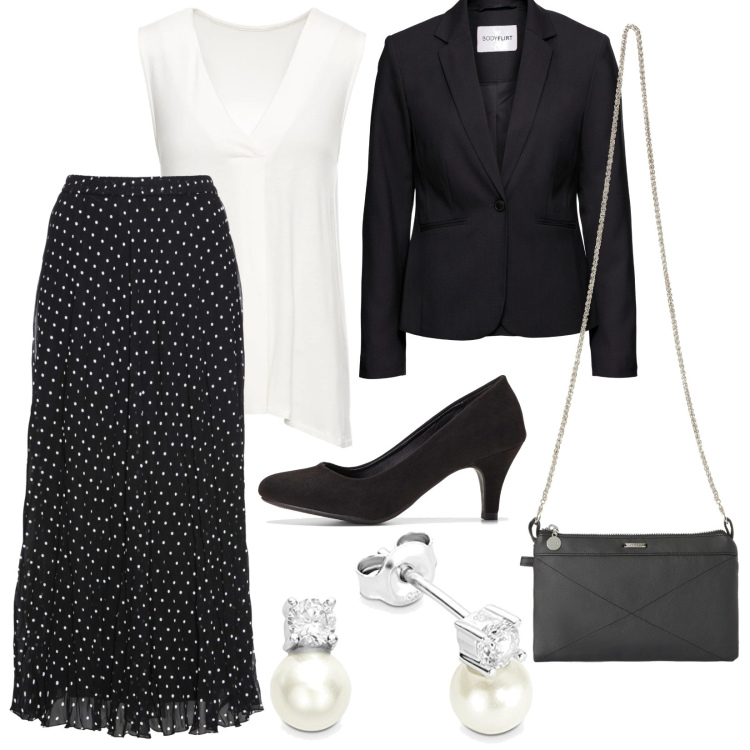 Outfit donna - Giornata particolare. Stile Romantica per Serata fuori. Abbinamento con gonne, top, blazer, décolleté, clutch, orecchini.