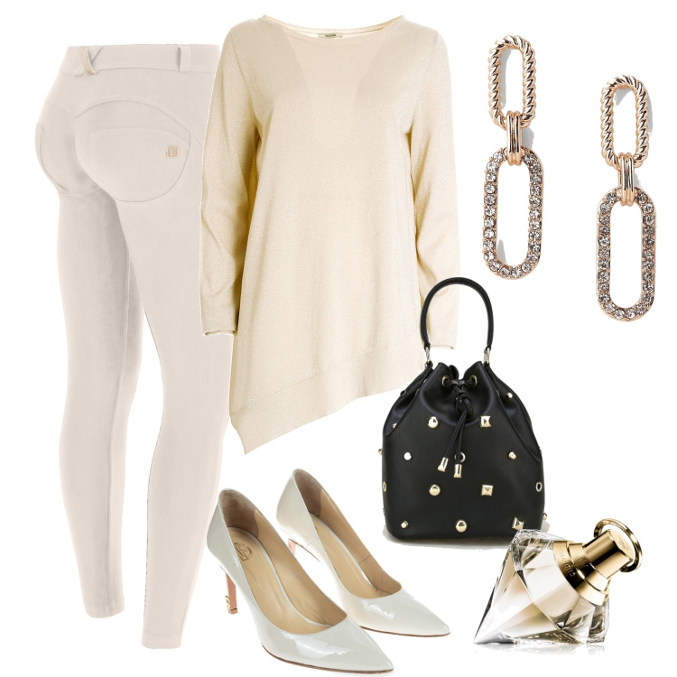 Outfit donna - Toni neutri. Stile Casual chic per Tutti i giorni. Abbinamento con profumi, maglieria, décolleté, pantaloni skinny, borse a secchiello, orecchini.