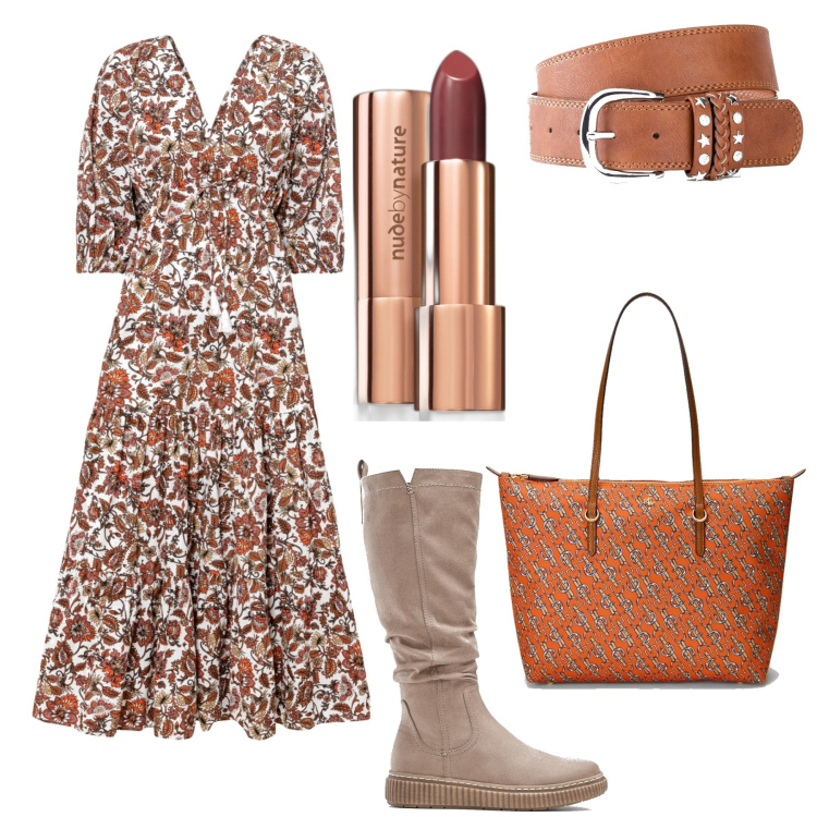 Outfit donna - Total look #1722375. Stile Boho Abbinamento con cinture, vestiti lunghi, stivali, rossetti, borse tote.