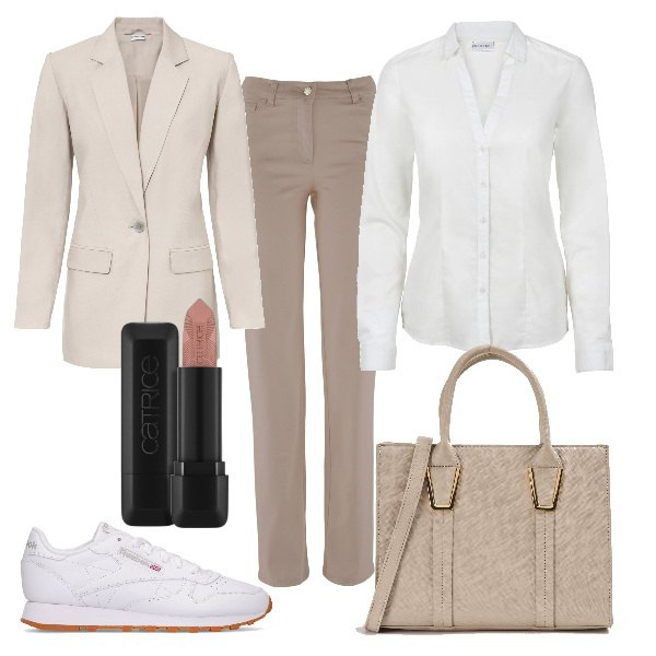 Outfit donna - Total look #1722397. Stile Basic per Ufficio. Abbinamento con camicie, pantaloni, blazer, rossetti, shopping bag, sneakers.