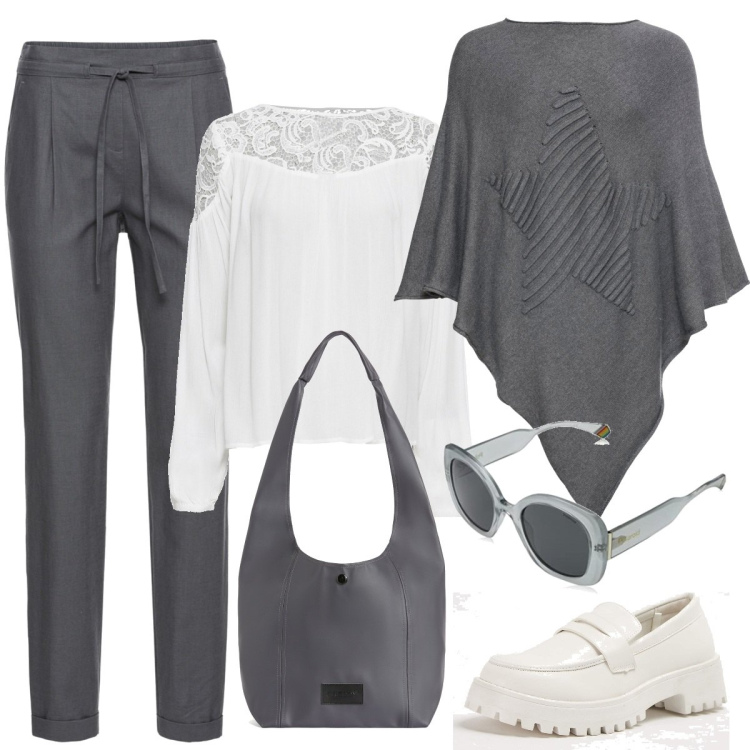 Outfit donna - A settembre in città. Stile Casual chic per Ufficio. Abbinamento con pantaloni, cappotti, tuniche, mocassini, borse a spalla, occhiali da sole.