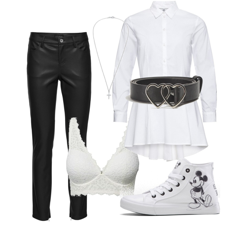 Outfit donna - Giovedì piovoso. Stile Rock per Scuola/Università. Abbinamento con camicie, sneakers alte, pantaloni, cinture, reggiseni, ciondoli.