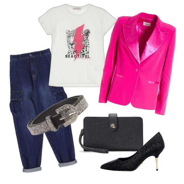 Outfit donna - Total look #1722423. Stile Trendy per Serata fuori. Abbinamento con jeans, cinture, décolleté, t-shirt, blazer, pochette.